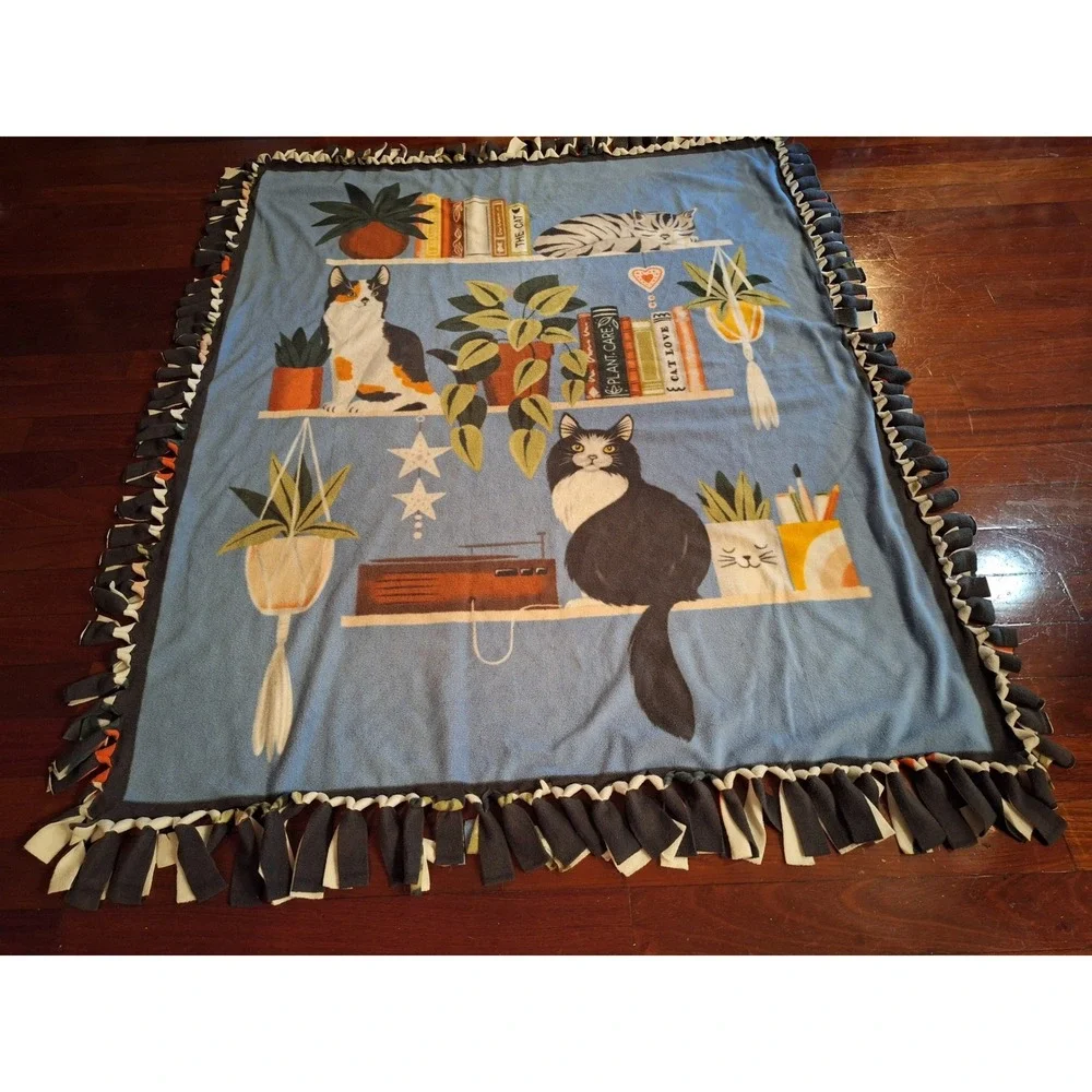 Handmade Fleece Tie Blanket Cats Books Plants Library Print Blue Throw 58